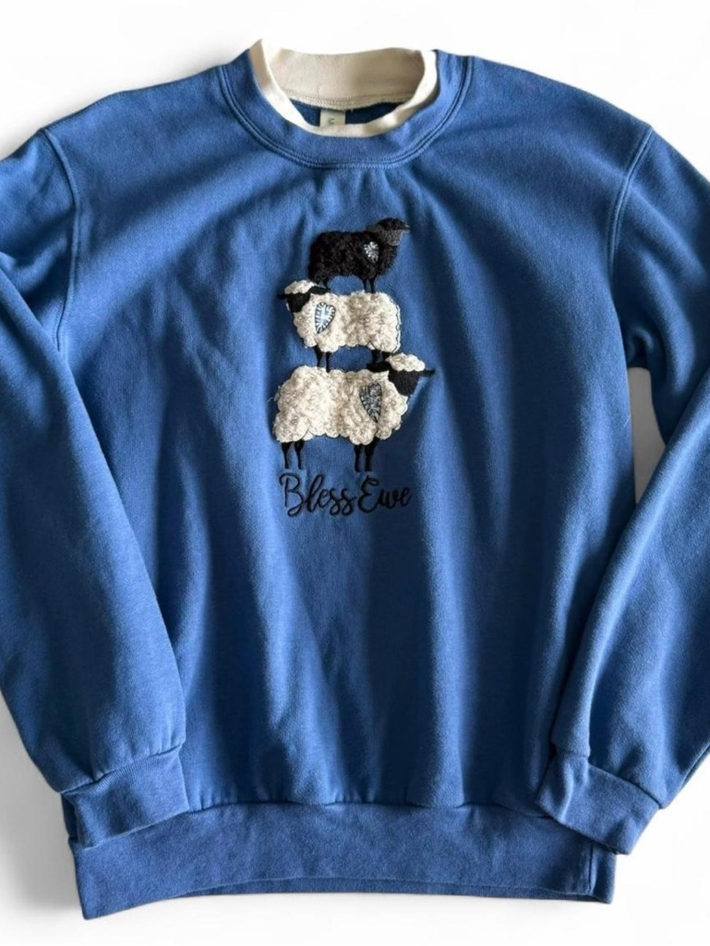 Morning Sun blue Bless Ewe sheep embroidered sweatshirt - grandmacore crewneck